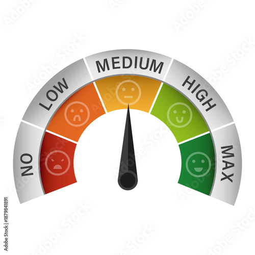 Satisfaction meter. Colorful emotion scale. Customer feedback gauge. Vector indicator.