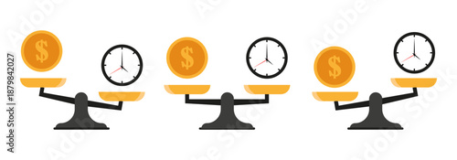 Time money balances. Work life balance. Business comparison concept. Vector illustration set.