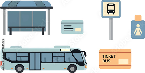 Flat lay illustration of a bus, ticket, and travel-related items on a white background with a transportation theme.