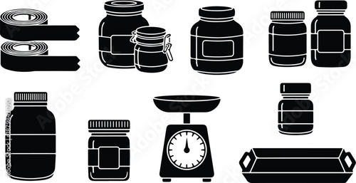 Black and white illustration of kitchen utensils and jars