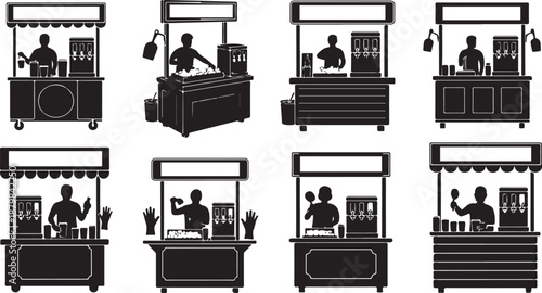 Silhouettes of people working at various food carts outside