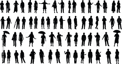 People silhouette collection featuring diverse men and women standing, walking, talking, and holding umbrellas for crowd, urban lifestyle, and social concept designs