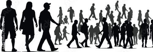 People silhouettes walking in different directions, urban crowd movement and social dynamics concept, daily life and modern society flow, black and white illustration