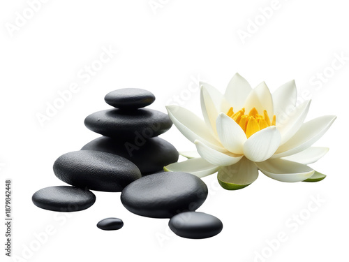 A single white flower sits on top of a few black stones, creating a simple yet striking arrangement