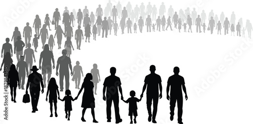 People silhouettes walking together forming path, society and population movement concept, diversity and family generations, community journey, social connection illustration