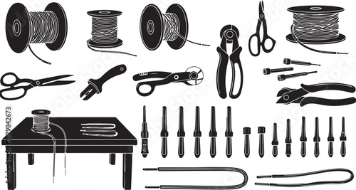 Wire crafting tools and materials on a worktable illustration