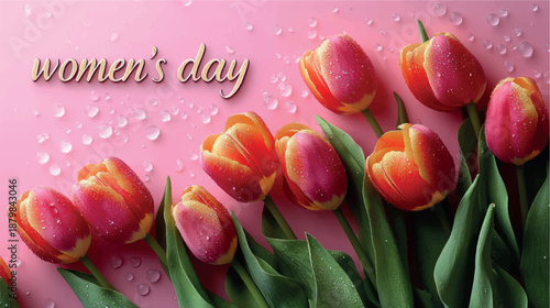 Women's Day postcard with tulips and flowers. Women's Day card design. Tulips background. Bouquet of flowers with tulips background.