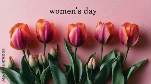 Women's Day postcard with tulips and flowers. Women's Day card design. Tulips background. Bouquet of flowers with tulips background.