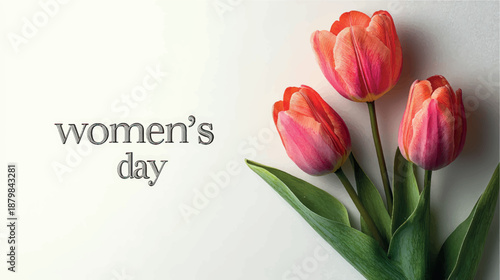 Women's Day postcard with tulips and flowers. Women's Day card design. Tulips background. Bouquet of flowers with tulips background.