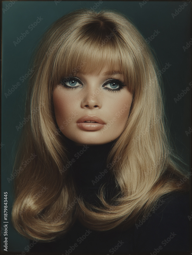 Naklejka premium Retro Portrait of Beautiful Blonde Woman iwith 1960s Makeup, Vintage Film Poster Style