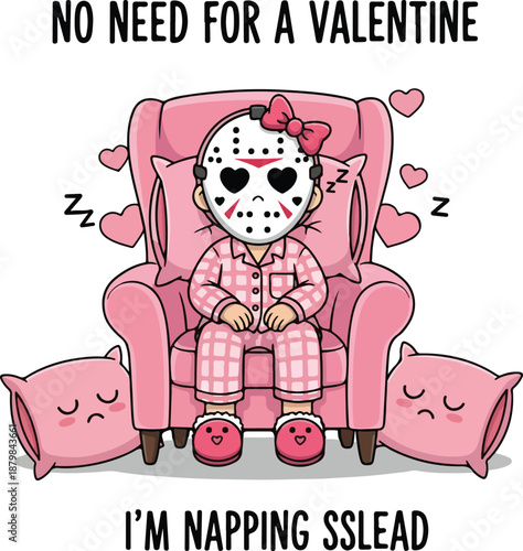 Humorous Anti-Valentine's Day Cartoon with Napping Hockey Mask Character in Pink Pajamas , Generative Ai