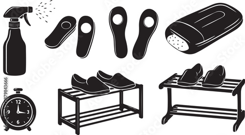 Black and white illustration of shoe care and accessories