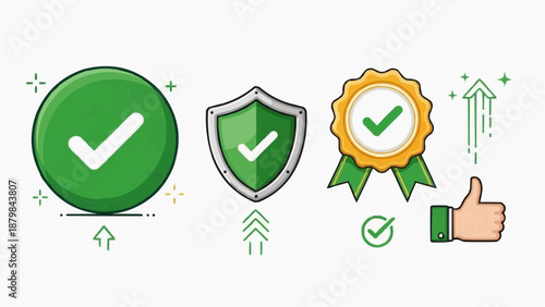 A collection of approval and verification icons including checkmarks, shield, and certificate, displayed graphically with thumbs up gesture symbolizing success and validation.