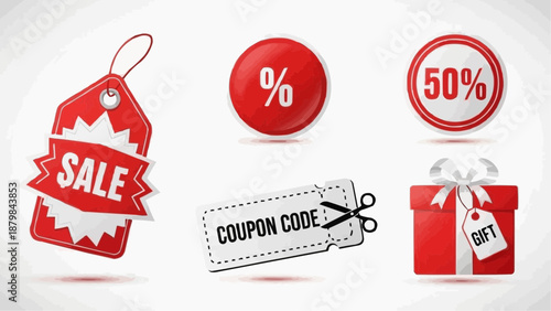 Discount sale icons set with label tag coupon code and gift box on transparent background viewed from directly above