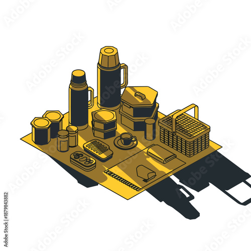Isometric illustration of picnic essentials, including thermoses, food containers, basket, and cups, on a yellow surface with shadows.