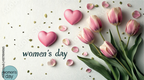 Women's Day postcard with tulips and flowers. Women's Day card design. Tulips background. Bouquet of flowers with tulips background.