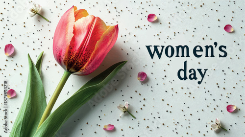 Women's Day postcard with tulips and flowers. Women's Day card design. Tulips background. Bouquet of flowers with tulips background.
