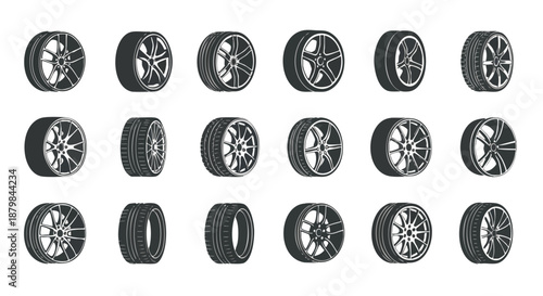 Collection of Diverse Car Wheels and Tires Icons for Automotive Graphics and Designs.