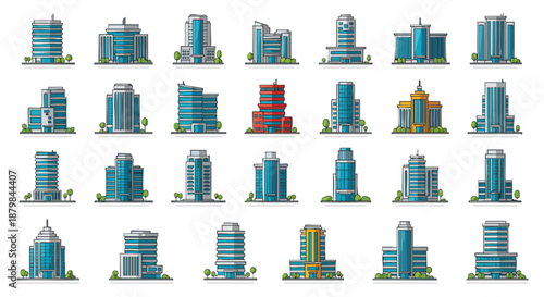 Modern Cityscape Skyline with Diverse Office Buildings and Skyscrapers - Icon Set.