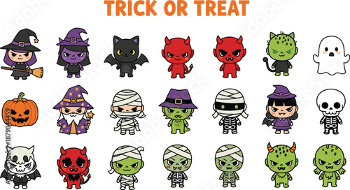 Cute Halloween trick or treat character set with witches devils monsters ghosts and mummies cartoon vector illustration isolated
