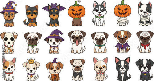 Cute Halloween dog costume characters set featuring puppies dressed as witches pumpkins skulls cartoon vector illustration isolated white background design