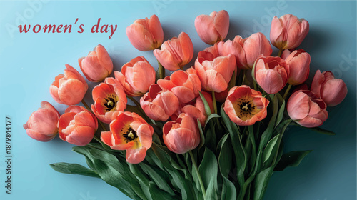 Women's Day postcard with tulips and flowers. Women's Day card design. Tulips background. Bouquet of flowers with tulips background.
