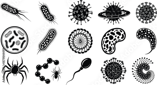 Microorganisms and virus silhouettes collection, bacteria and germ icons set, microbiology and infection concept, scientific medical illustration, black and white design