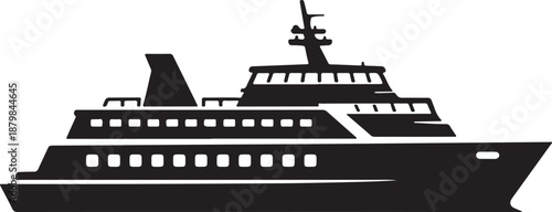 Ferry Boat Silhouette Icon, Passenger Water Transport Vessel Design Isolated on White