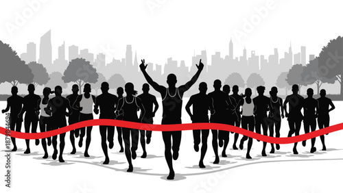 Marathon runners silhouettes crossing finish line in city park showing fitness competition endurance race success motivation healthy active lifestyle concept