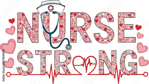 Inspirational Nurse Strong Graphic Design Featuring Hearts, Medical Stethoscope, and Nurse Cap for Healthcare Providers , Generative Ai