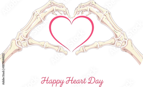 Happy Heart Day Typography with Skeleton Hands Forming a Love Symbol on Black Background , Generative Ai