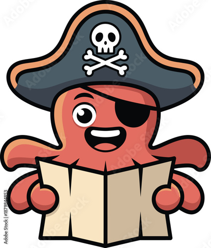 Cute Pirate Octopus Character Reading Treasure Map – Cartoon Mascot Vector Illustration