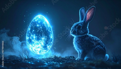 A dark fantasy Easter concept. Deep midnight blue background. A glowing crystal Easter egg hovering in the air. A mystical rabbit with subtle glowing eyes standing below.