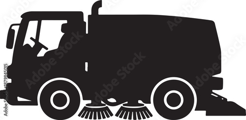 Street Sweeper Silhouette Icon, Road Cleaning Utility Vehicle Design Isolated on White