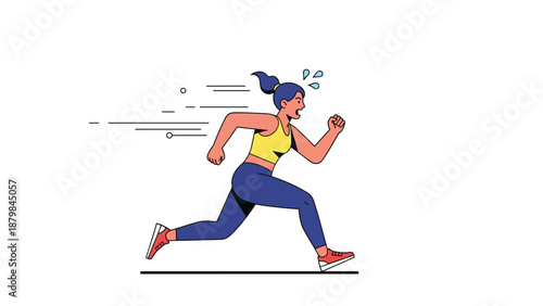Athletic woman running very fast with a determined expression and sweat drops showing intense physical effort and exercise.