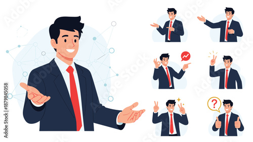 Set of professional character illustrations showing a businessman in different poses and expressing various business gestures.