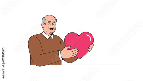 Happy elderly man with a warm smile holding a large pink heart symbol representing deep love, sincere care, and health.
