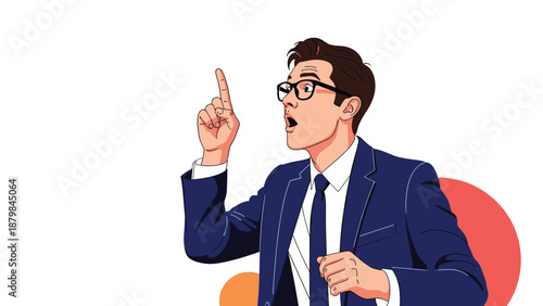 Surprised businessman with glasses in a formal suit pointing upwards while having a sudden idea or making a realization.