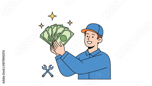 Happy technician or repairman in a blue uniform and cap holding a fan of money while celebrating his professional earnings.