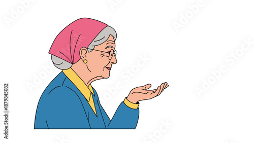 Elderly woman with a pink headscarf and glasses looking closely at her open palm with a gentle and calm expression.