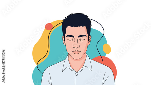 Young man with eyes closed and a peaceful expression against a colorful abstract background representing calm and mindfulness.