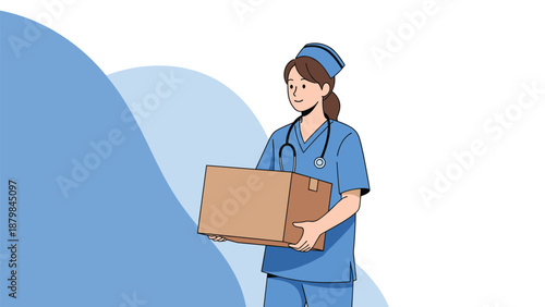 Female nurse in blue scrubs and a stethoscope carrying a large cardboard box while moving supplies or equipment.