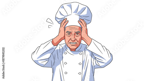 Elderly male chef in professional white uniform and hat clutching his head in stress or despair during a busy kitchen shift.