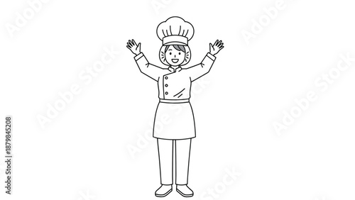 Happy female chef in professional uniform and hat raising her arms in joy and success in a simple black and white line art style.