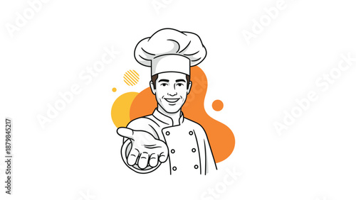 Friendly male chef in professional uniform and hat reaching out his hand in a welcoming or offering gesture with a warm smile.