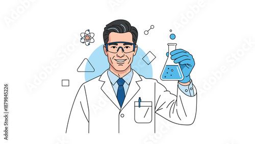 Professional male scientist in a lab coat and safety goggles holding a flask with blue liquid for research and experimentation.