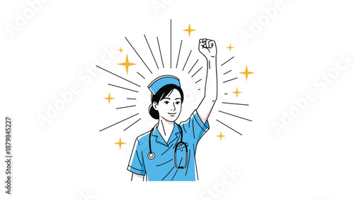 Courageous female doctor in blue scrubs and stethoscope raising her fist in a victory gesture to celebrate medical success or resilience.