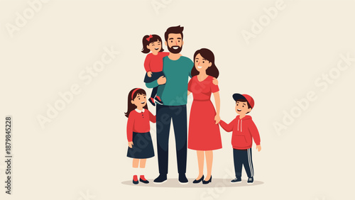 Happy diverse family of two parents and three children standing together with warm smiles and casual clothing in a flat design style.