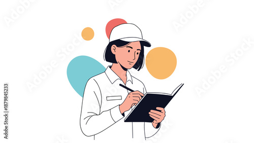 Young woman wearing a white cap and uniform writing notes in a notebook or planner against a background of colorful abstract shapes.