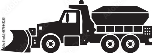 Snow Plow Truck Silhouette Icon, Winter Road Maintenance Vehicle Design Isolated on White